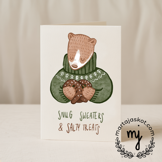 Snug sweaters and salty treats 5x7 card